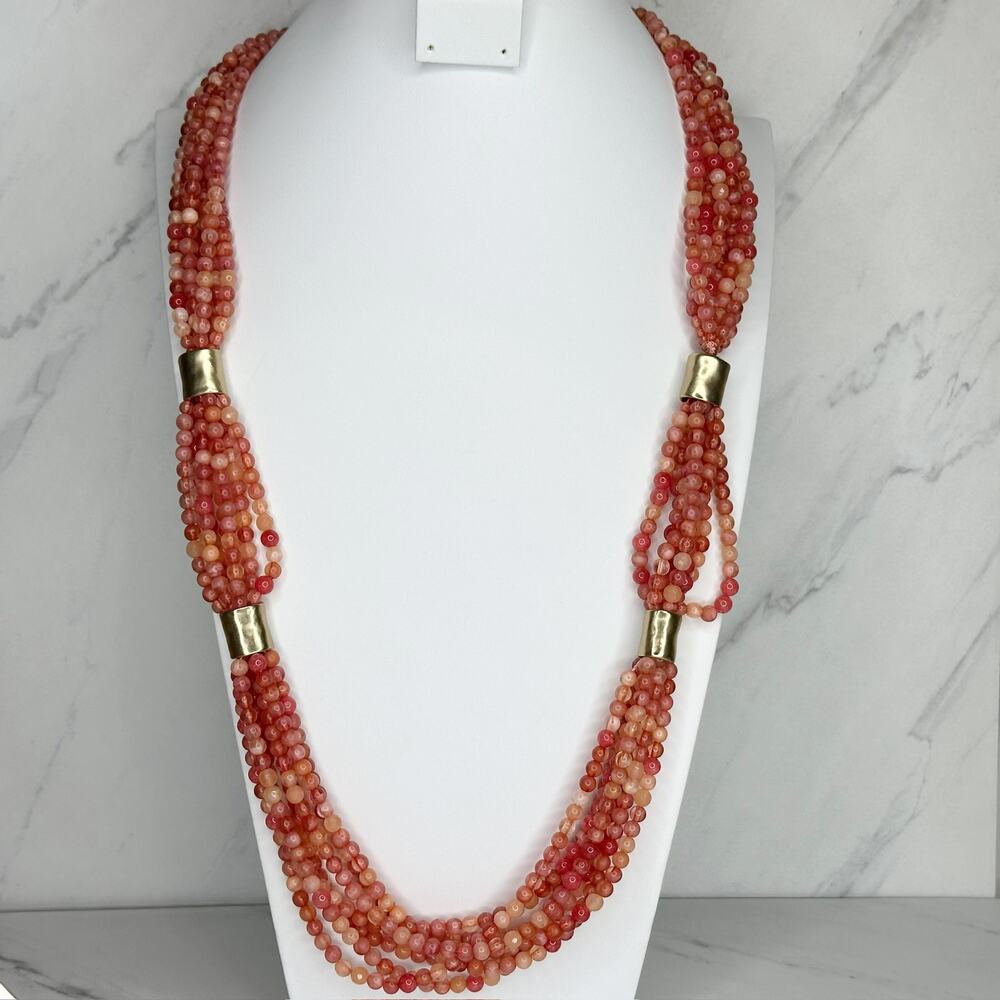 Chico's Chunky Multi Strand Pink Beaded Gold Necklace ✨
